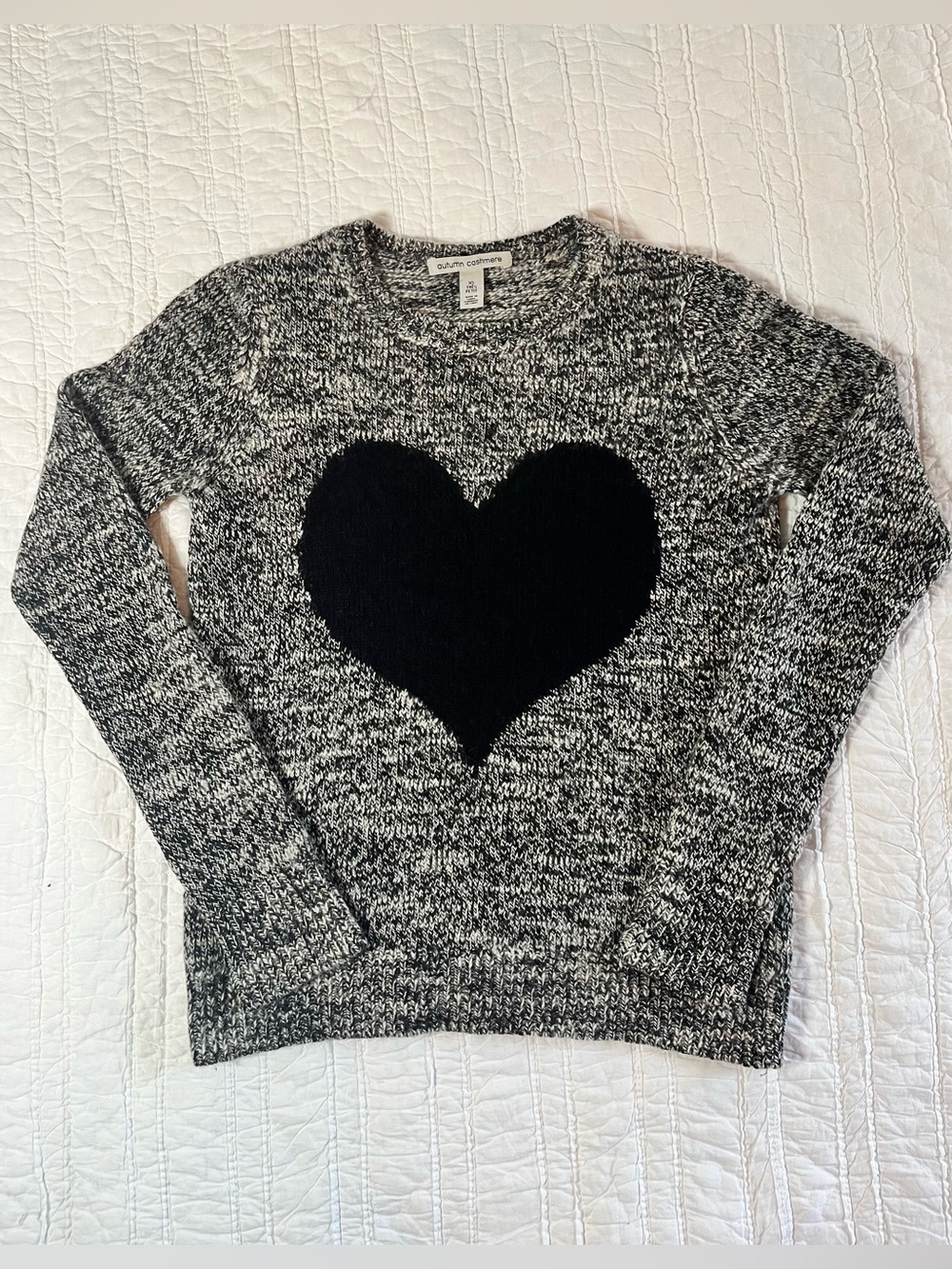 Autumn Cashmere Black & White Marled Knit Heart Crewneck Sweater Size XS